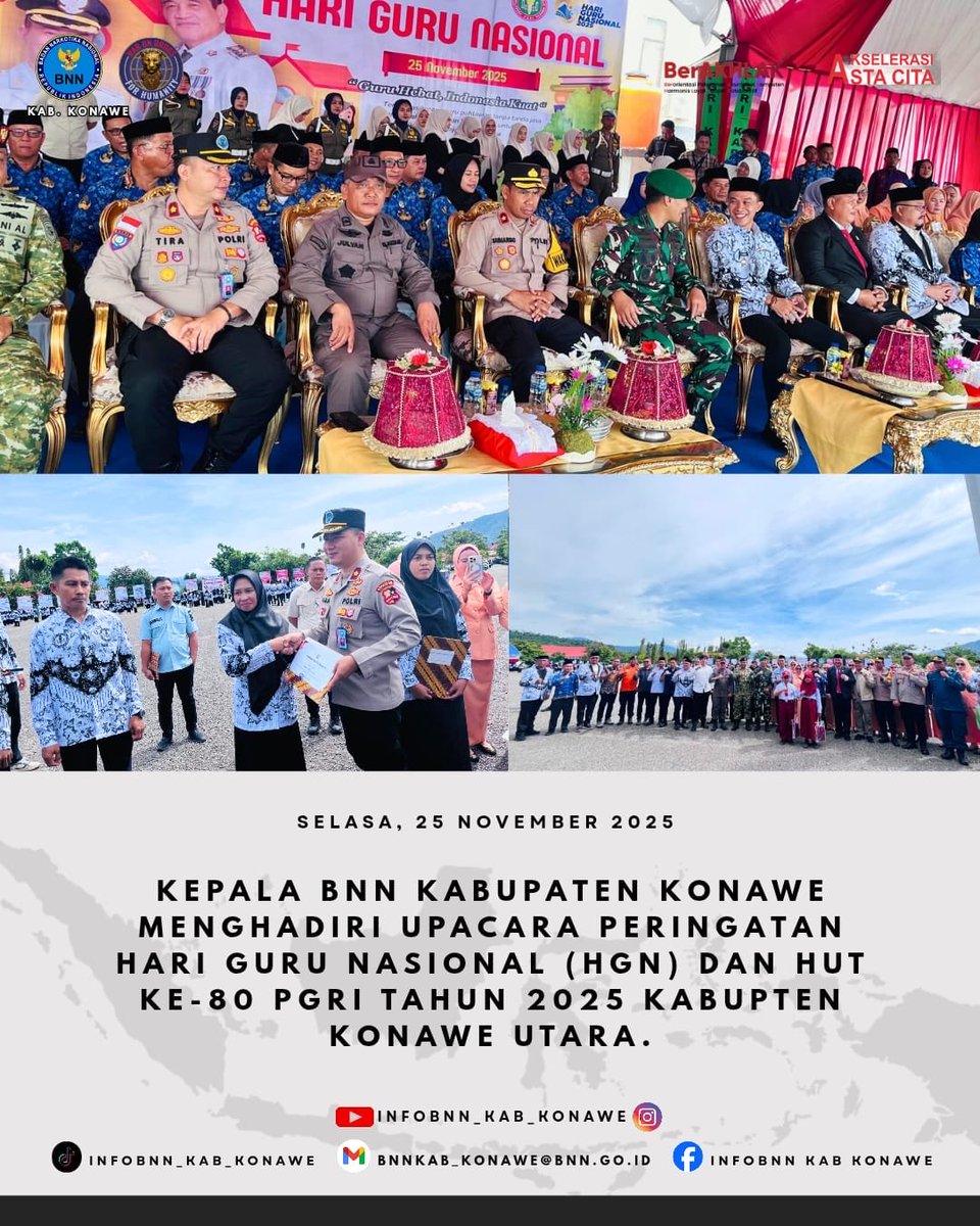 infobnn_konawe's tweet image. Selasa, 25 November 2025

Kepala BNNK Konawe Kompol H.B.Tira Wijaya A.Md.,S.H., menghadiri undangan Upacara Hari Guru Nasional di Kabupaten Konawe Utara.

#BNNKKONAWE
#WarOnDrugsForHumanity
#HariGuru