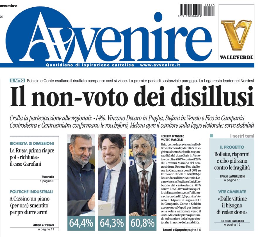 Apndp's tweet image. Il più azzeccato titolo sulle regionali di ieri. 
#veneto #campania #puglia #regionali2025 #zaia #schlein #conte #meloni #salvini #lega #avs #m5s #decaro #deluca #renzi