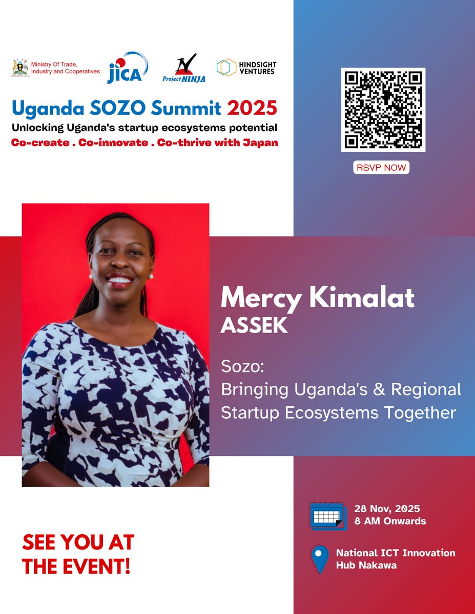ASSEKnews's tweet photo. Our CEO, Mercy Kimalat, will be speaking at the SOZO Summit 2025 on strengthening Uganda’s &amp; East Africa’s startup ecosystems.

Collaboration is driving growth—EA’s ecosystem has grown 30% in 3 years.
28 Nov | ICT Innovation Hub, Nakawa

#ASSEK #SOZOSummit2025 #InnovationAfrica https://t.co/3EHNmn6xH3