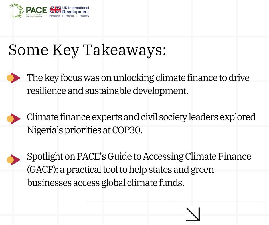 PACE_Nigeria's tweet photo. Highlights - “Nigeria at COP30: Financing a Climate-Resilient Future”
Our latest #PACEXSpace unpacked Nigeria’s COP30 priorities and the pathways to unlock climate finance for resilience and development. https://t.co/qWc29HNxhg