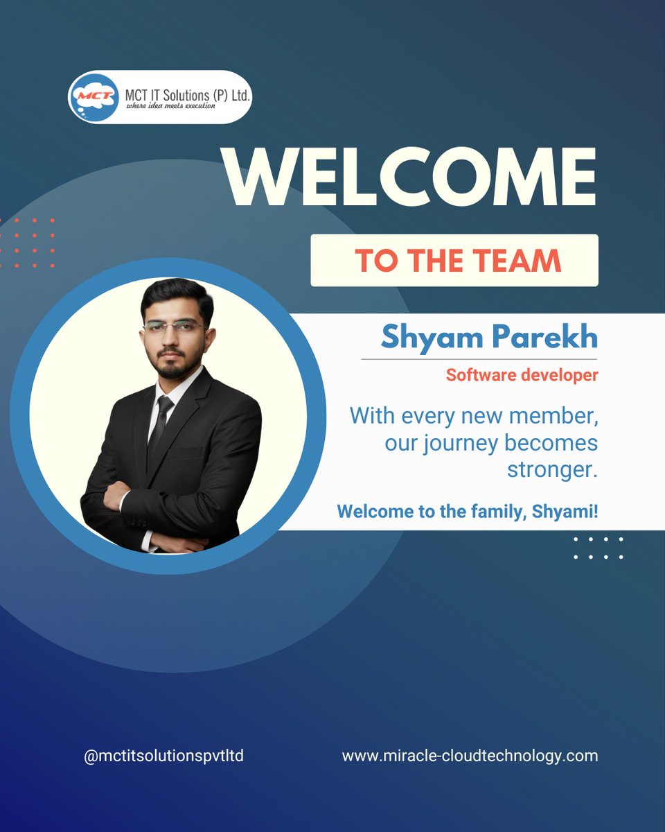 mctitsolutions's tweet image. A new chapter begins at MCTIT Solutions
We’re delighted to welcome Shyam Parekh to the MCT family as our new Software Developer!
With his solid technical foundation, problem-solving mindset, &amp;amp; dedication to continuous learning. 
#WelcomeAboard #SoftwareDeveloper #TeamMCT