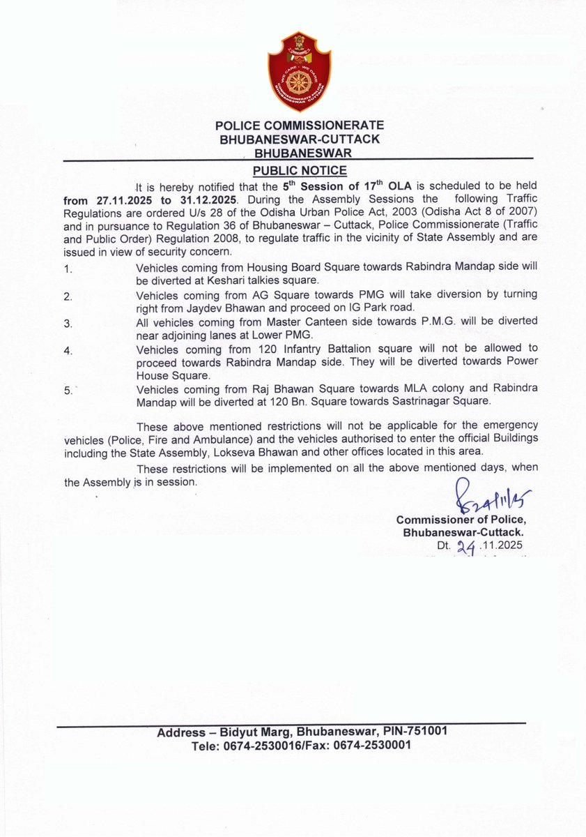 cpbbsrctc's tweet image. 🚨 ସର୍ବସାଧାରଣଙ୍କ ନିମନ୍ତେ ବିଜ୍ଞପ୍ତି  📢
ସପ୍ତଦଶ ବିଧାନସଭାର ପଞ୍ଚମ ଅଧିବେଶନ ଆସନ୍ତା ତା. ୨୭.୧୧.୨୦୨୫ ରିଖ  ଠାରୁ ତା. ୩୧.୧୨.୨୦୨୫ ରିଖ ପର୍ଯ୍ୟନ୍ତ ହେବାକୁ ଯାଉଅଛି I  ଏହାକୁ ଦୃଷ୍ଟିରେ ରଖି  କମିଶନରେଟ୍ ପୋଲିସ ଭୁବନେଶ୍ଵର-କଟକ ପକ୍ଷରୁ ଜାରି ହୋଇଥିବା ଟ୍ରାଫିକ ନିୟମାବଳୀ ଏଠାରେ ପ୍ରଦାନ କରାଗଲା | 
#TrafficAdvisory…