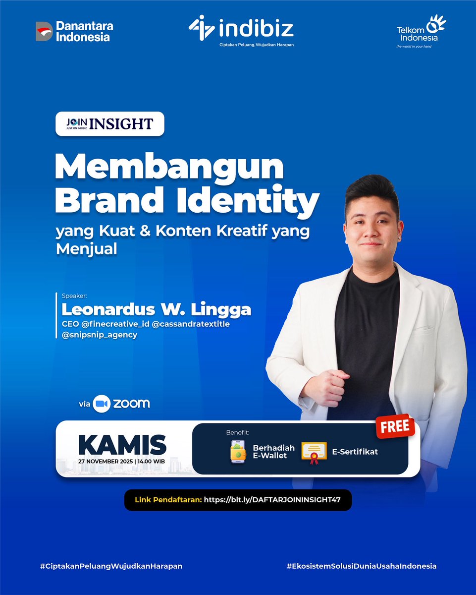 Indibiz_jtdiy's tweet image. JOIN Insight hadir dengan topik &quot;Membangun Brand Identity yang Kuat &amp;amp; Konten Kreatif yang Menjual&quot; 🚀

📅 Kamis, 27 November 2025
🕐 14.00
📍 Zoom Online
Link Registrasi : bit.ly/DAFTARJOININSI…

Dapatkan E-Sertificate &amp;amp; Saldo LinkAja buat kamu!

#Indibizjtd #Webinargratis
