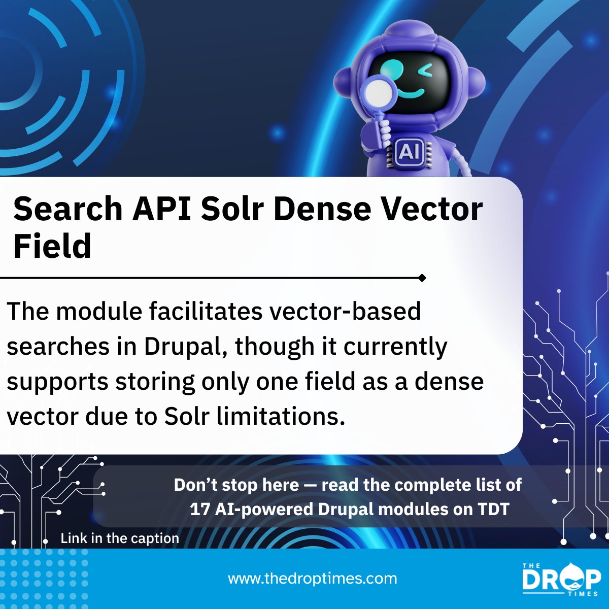 thedroptimes's tweet image. Unlock true semantic search in Drupal! The Search API Solr Dense Vector Field module uses AI (OpenAI/ollama) to create dense vector embeddings for meaning-based search in Solr 9.6+. Created by Kevin Quillen &amp;amp; Velir. Read 17 AI Drupal modules: bit.ly/43qglEU