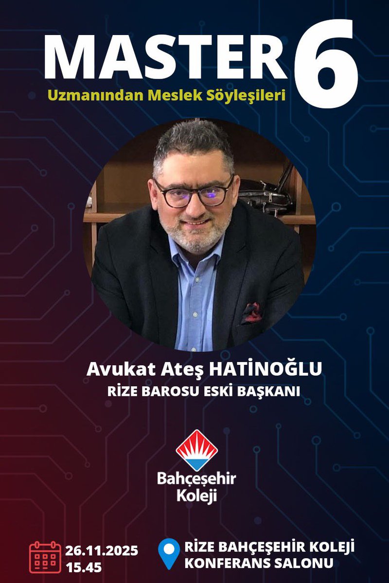 Master 6 Ekim Ayı Meslek Uzmanı Söyleşisi  Konuğumuz Rize Eski Baro Başkanı Sayın Avukat Ateş HATİNOĞLU olacaktır.