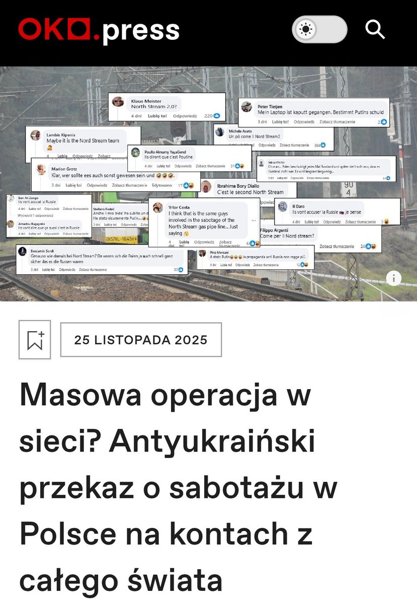 Kiedy zagraniczne media poinformowały o eksplozji na torach w Polsce, komentarze pod ich postami miały identyczny przekaz, choć były w różnych językach: antyUKR i proRU.
Wiele wskazuje, że to była kolejna operacja informacyjna na rzecz Rosji.
Moja analiza:
oko.press/masowa-operacj…