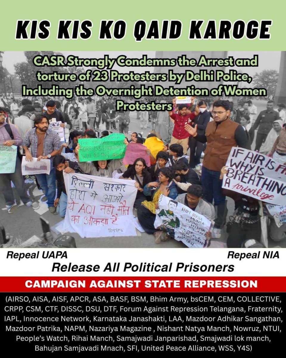 ManishAzad92923's tweet image. CASR Strongly Condemns the Arrest and torture of 23 Protesters by Delhi Police, Including the Overnight Detention of Women Protesters