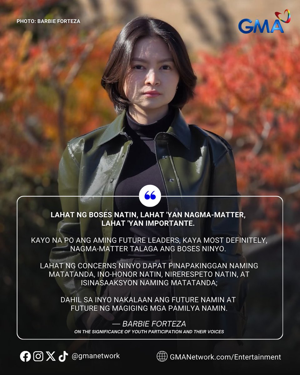 gmanetwork's tweet image. “LAHAT NG BOSES NATIN, LAHAT ’YAN NAGMA-MATTER.” 🗣️

Ito ang naging pahayag ni Kapuso Primetime Princess #BarbieForteza nang magbahagi siya ng mensahe tungkol sa kanyang adbokasiyang pagtatanggol sa karapatan ng kabataan.

#KapusoTalks
#KapusoShowbizNews