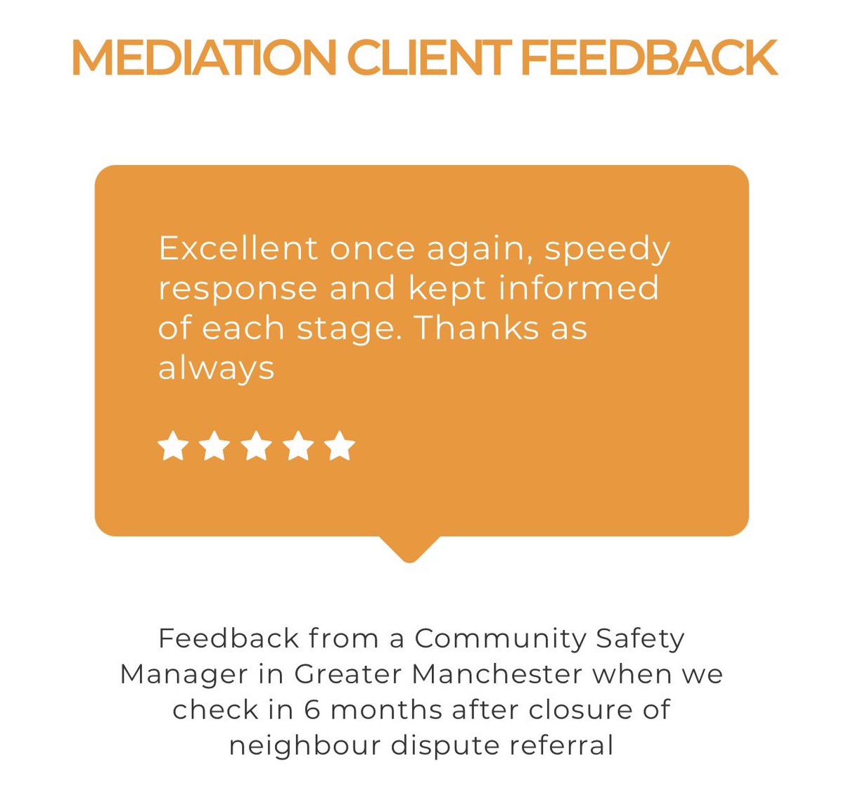 Grateful for this feedback from a Community Safety Manager in Greater Manchester following our 6 month follow-up

A reminder that timely communication &amp; consistent support matter long after a case closes

Thank you for trusting #SolutionTalk

#Mediation #CommunityMediation