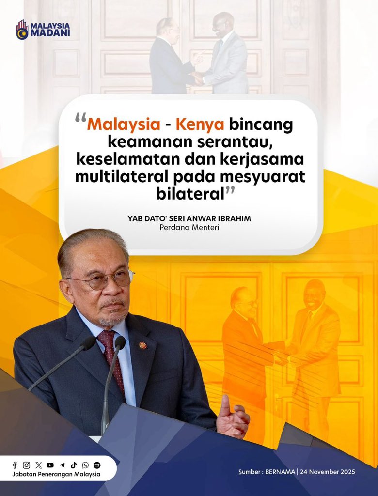 🤝 Malaysia x Kenya perkukuh kerjasama antarabangsa!

🇲🇾🇰🇪 Malaysia menghargai peranan Kenya sebagai tuan rumah agensi-agensi PBB, dan kedua-dua pemimpin sepakat memperluas kerjasama dalam pembangunan bandar mampan &amp; berdaya tahan 🏙️💡
