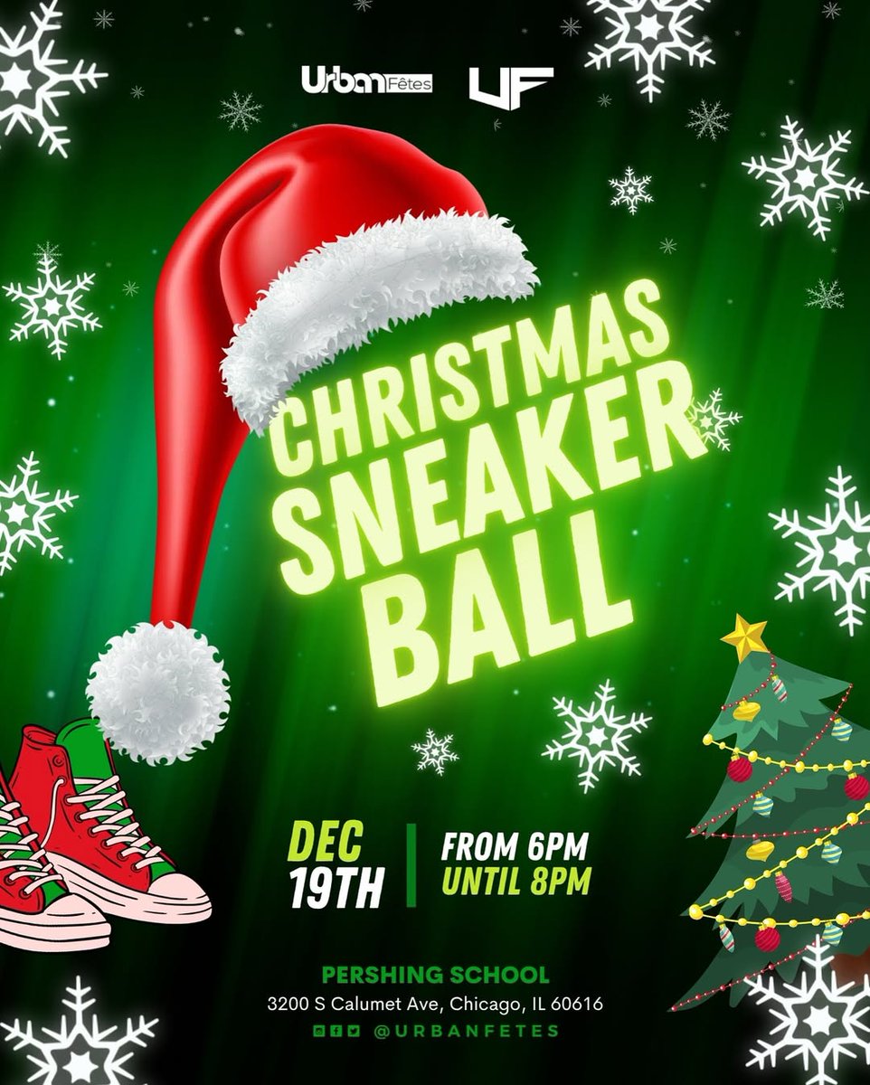 🎄✨ CHRISTMAS SNEAKER BALL VIBES! ✨🎄
We’re bringing the holiday cheer and the flyest kicks to Pershing School! 🎅🏽👟
Music, energy, and good times all around — let’s close out the year in style! 💚❤️

📅 Thursday, Dec 19th
⏰ 6PM – 8PM
📍 3200 S Calumet Ave, Chicago, IL 60616