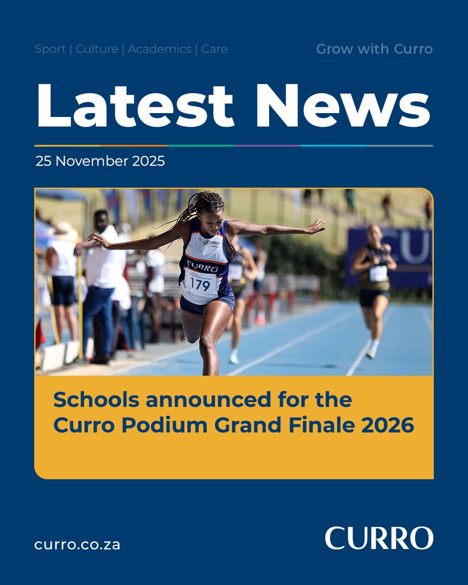 The Curro Podium Grand Finale 2026 is coming!
📍Pilditch Stadium, Tshwane 13–14 February 2026

Top 30 boy's, girl's and combined teams, plus 8 invitational schools confirmed.
Full list 👉 ow.ly/nTSw50Xxjoo

#Curro #QualityEducation