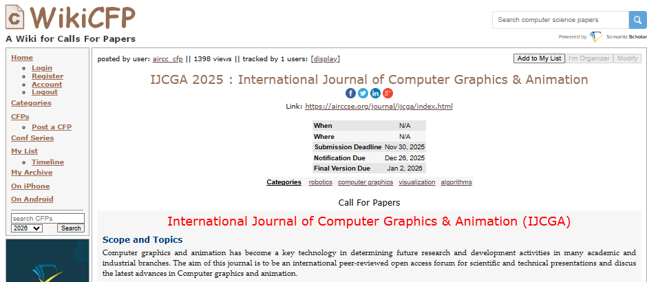 JeneeferAlsher's tweet image. International Journal of Computer Graphics &amp;amp; Animation (IJCGA) - EBSCO, ERA indexed 
ISSN : 2231 - 3281(Online) ; 2231 - 3591 (print)
airccse.org/journal/ijcga/…
Submission Deadline : November 30, 2025 
Contact us: ijcga@aircconline.com 
#computergraphics #animation