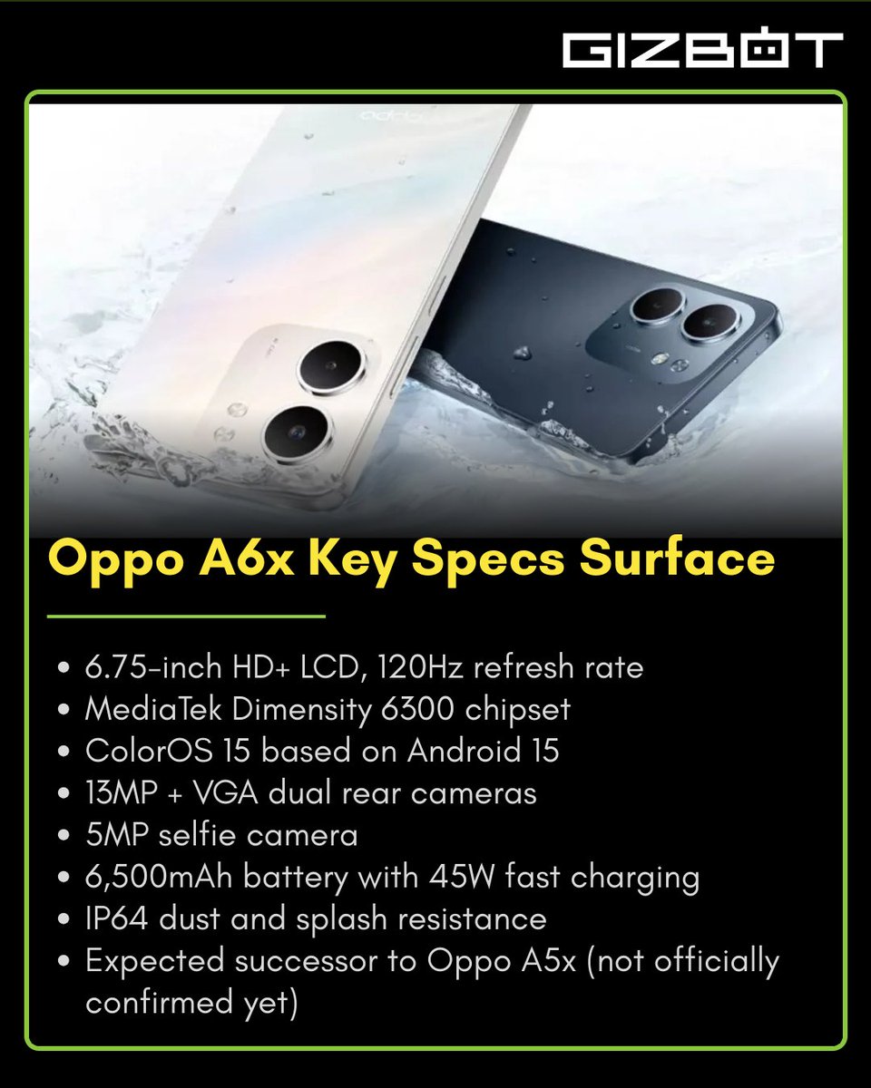gizbot's tweet image. Oppo A6x Expected to Launch in India with Dimensity 6300

#OPPO #TechUpdate #TechInnovation #smartphone