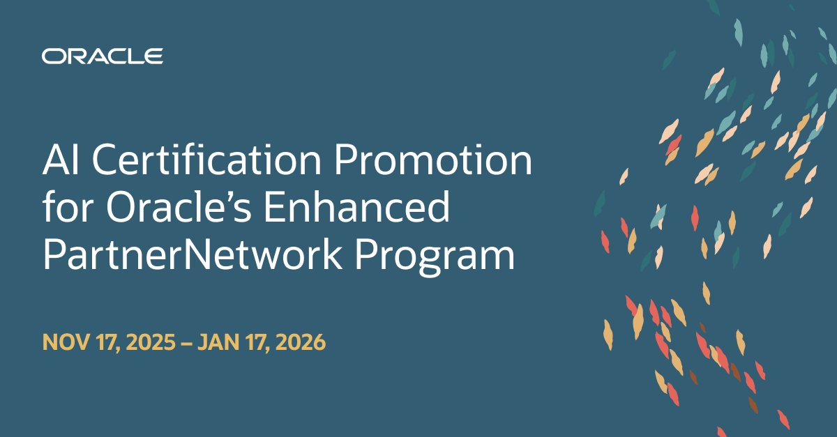 tajbayati's tweet image. Through January 17, 2026, members of Oracle’s Enhanced PartnerNetwork Program can take two eligible AI certification exams for free. Accelerate your expertise with in-depth Oracle AI training and certification in SaaS and OCI. social.ora.cl/60127WLyu
#OraclePartners #Developers