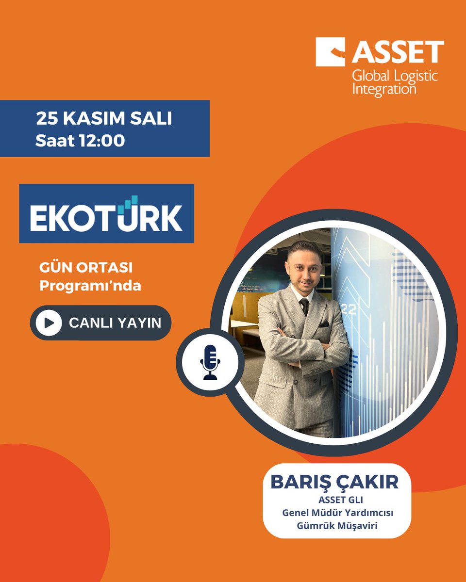 AssetGli's tweet photo. AssetGLI Genel Müdür Yardımcımız Sn. Barış ÇAKIR EKOTÜRK TV’de “Gün Ortası Programı"nın canlı yayın konuğu olacak. 25 Kasım Salı günü saat 12:00'de EKOTÜRK TV’de buluşmak dileğiyle...
Yayın saatinde canlı olarak linkten izleyebilirsiniz; https://t.co/457mEz86Nx
#AssetGLI https://t.co/4t39UBYjHs