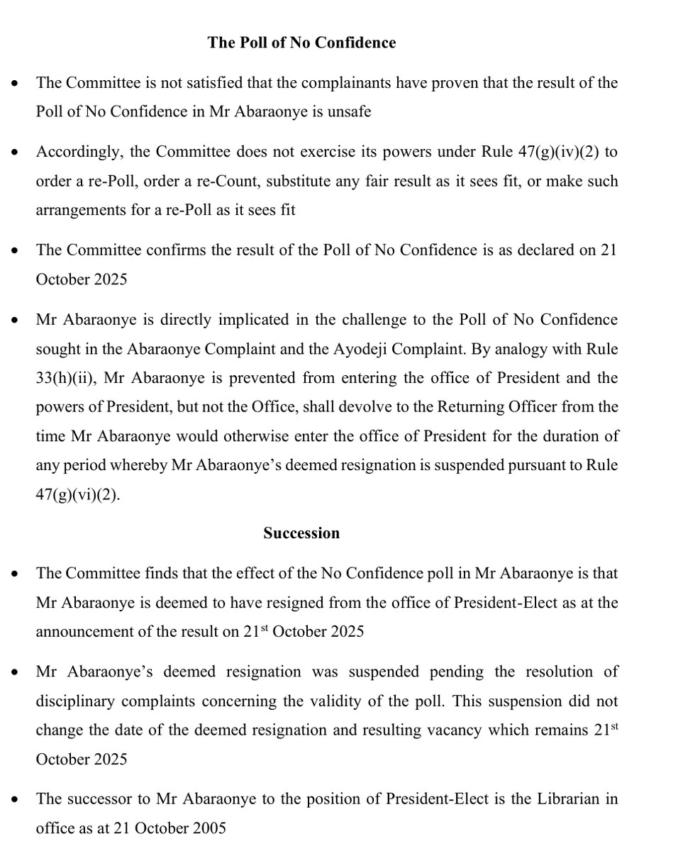 George Abaraonye has finally been removed as President-Elect of <a href="/OxfordUnion/">Oxford Union</a>. The Senior Disciplinary Committee confirms: “the result of the Poll of No Confidence is as declared on 21 October 2025.. Mr Abaraonye is prevented from entering the office of President.” Good riddance.