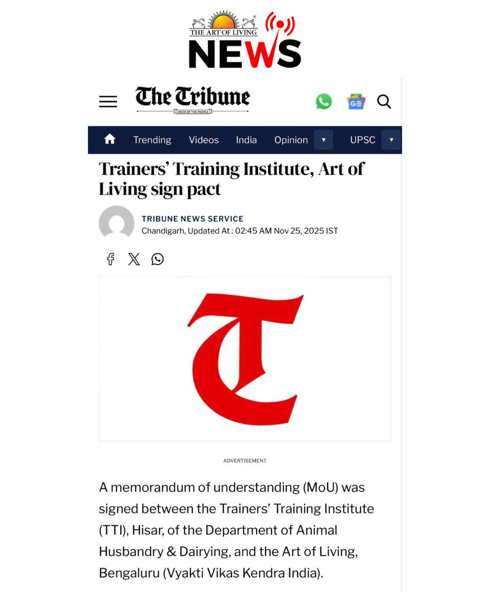 ArtofLivingABC's tweet image. Trainers’ Training Institute, @ArtofLiving sign pact.

The MoU was signed by Dr Sukhdev Rathi, Principal, Trainers’ Training Institute, Hisar, and Br Pragyachaitanya, chairman, Vyakti Vikas Kendra India, Chandigarh.
.
.
.
@ArtofLivingABC @ArtofLiving @Gurudev #gurudev…