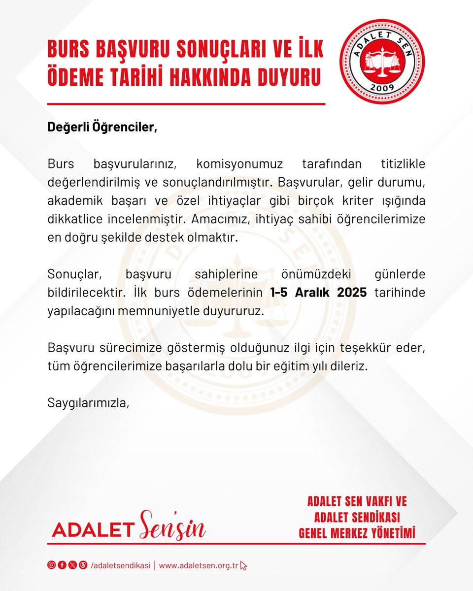 Adalet Sendikası ve Adalet Sen Vakfı İşbirliği ile verilen Burs Başvuru Sonuçları ve İlk Ödeme Tarihi Hakkında Duyuru