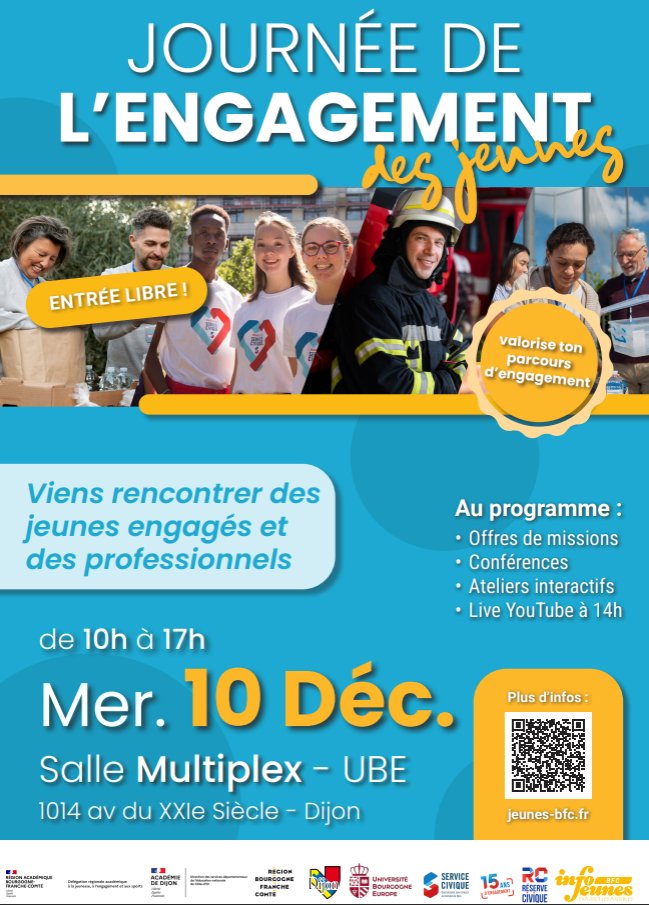 📢 Événement partenaire
Journée de l’engagement des jeunes
📅 10 déc. – 10h/17h
📍 Multiplex UBE, Dijon
🎟 Entrée libre
Infos 👉 jeunes-bfc.fr
#Engagement #Jeunes #Dijon