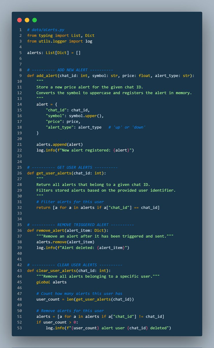 Shahrouzlogs's tweet image. Diving into alerts.py 🛠️
This module handles all price alerts in memory for my Telegram bot. You can add, get, remove, or clear alerts per user. Simple, centralized, and clean. #Python #TelegramBot 🤖 #CleanCode