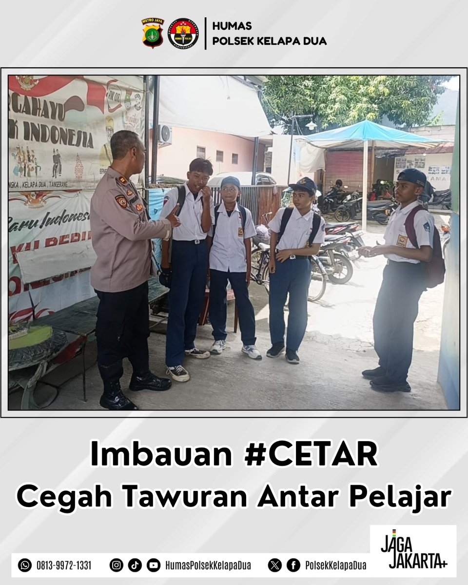 PolsekKelapaDua's tweet photo. Tangsel #Cetar 

Kapolsubsektor Bojong Nangka melaksanakan program CETAR (Cegah Tawuran Antar Pelajar).

Untuk memberikan penyuluhan bahaya tawuran dan kenakalan remaja serta bijak menggunakan sosmed kepada siswa SMP Negeri 2 Kec. Kelapa Dua.

#PolsekKelapaDua #JagaJakarta+ https://t.co/dxvVkZOT4G