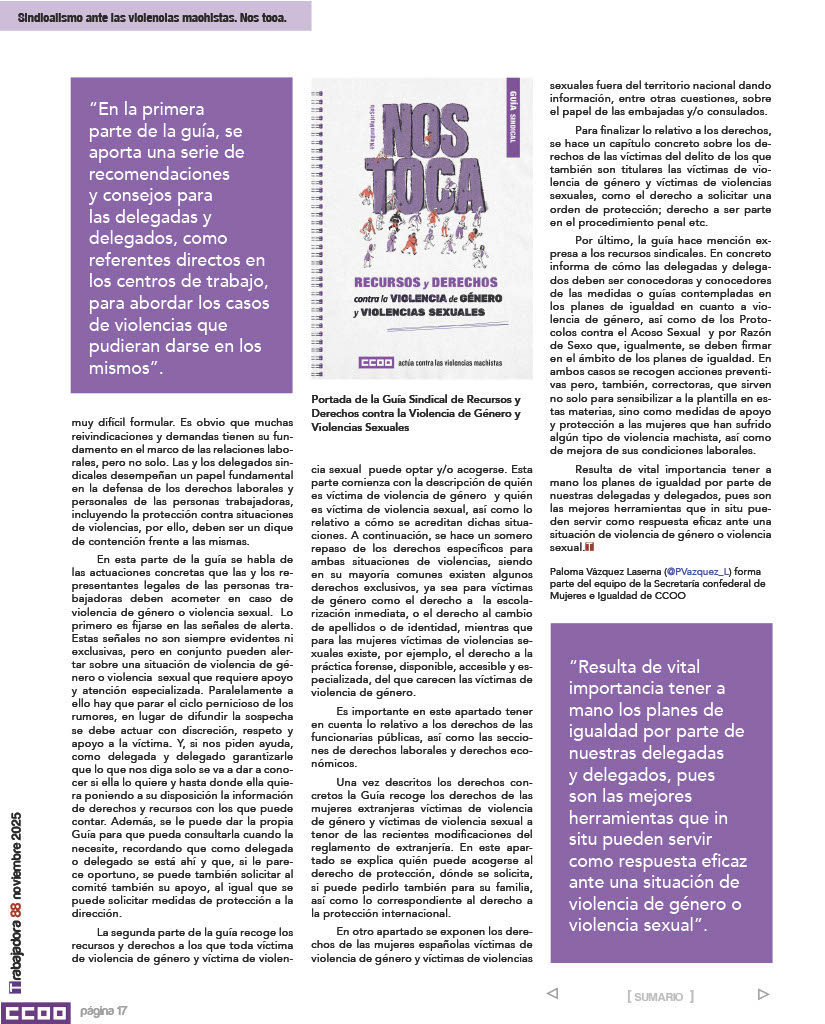 <a href="/reporterortega/">Marcelo Ortega</a> <a href="/Dianabujarrabal/">Diana Bujarrabal</a> <a href="/ideasenguerra/">Ideas en Guerra</a> Informe / Sindicalismo ante las violencias machistas. #NosToca

Erradicar las violencias machistas: una responsabilidad colectiva 👇por <a href="/PVazquez_L/">Paloma Vázquez Laserna</a> 

ccoo.es/fa9520b734781d…