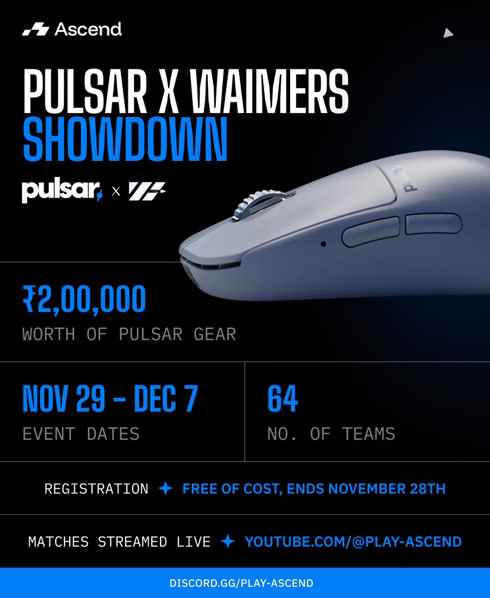 play_ascend's tweet image. The Pulsar x Waimers Showdown is here!🔥

₹2,00,000 worth of gear on the line, 64 teams going all in. Lock in, follow the action, don’t miss a single update.

#PlayAscend #PulsarxWaimersShowdown #VALORANT