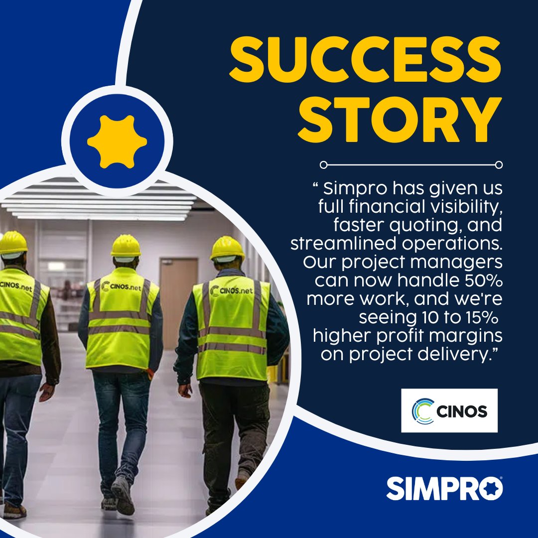 simprosoftware's tweet image. Global systems integrator Cinos achieved major growth with Simpro. 

✅ 50% more work handled by project managers 
✅ 10–15% higher project profit margins 
✅ Quoting in seconds, not hours

Learn more: bit.ly/3XFeFE0 

#Simpro #WorkSmarter #SuccessStory