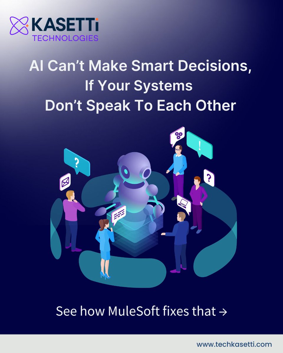 techKasetti's tweet image. When systems don’t connect, silos grow &amp;amp; experiences break. API-led integration brings everything into one conversation-old and new systems, all synced. Faster decisions, smoother journeys, real transformation. 
Explore more -techkasetti.com/services/mules…
#MuleSoft #Integration