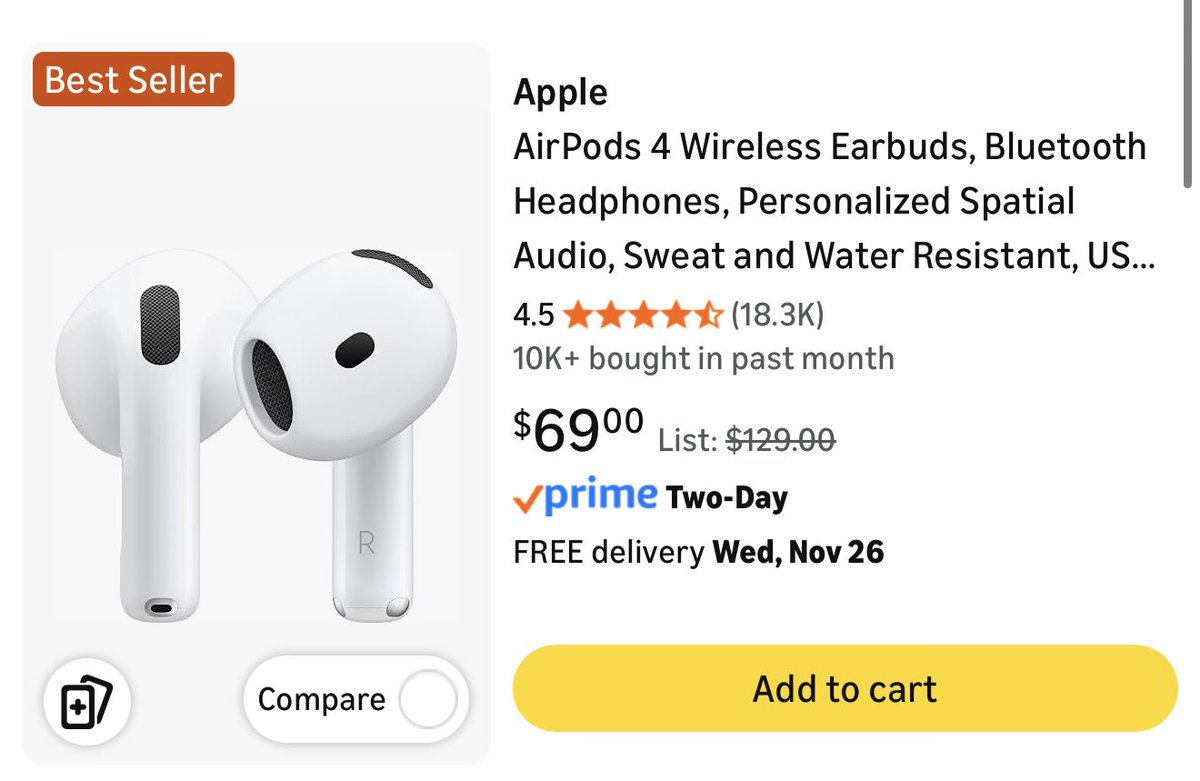 theapplehub's tweet photo. AirPods 4 are now $69 on Amazon 😳

https://t.co/p2GzuuDvFQ https://t.co/uQ0ey41i1K