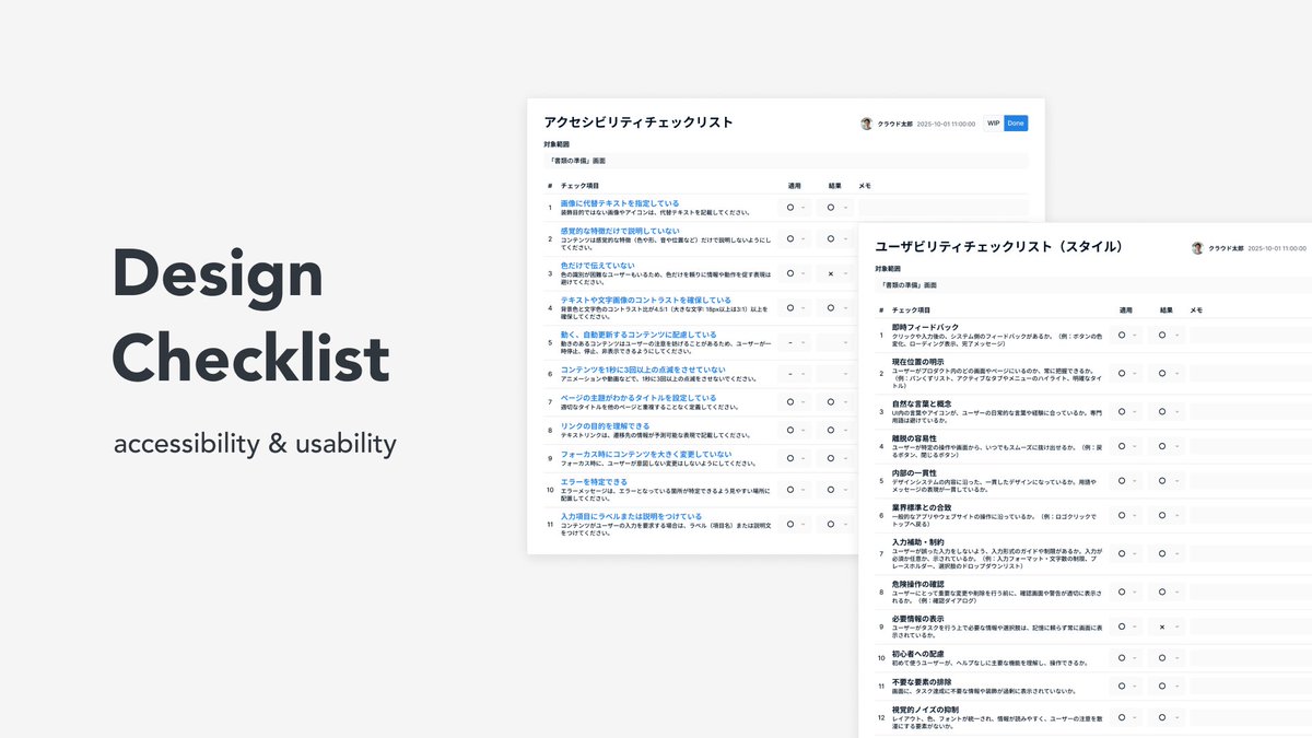 bengo4_creators's tweet photo. クラウドサインのデザイナーが、Figmaウィジェット「Design Checklist」を公開しました 🎉
WCAG 2.2 を観点に基づいたアクセシビリティチェックと、ユーザビリティの品質確認を、チームで効率よく行えるチェックリストです！
Webアプリケーションのレビューやリリース前の最終チェックにぜひ！ https://t.co/BNPFTy6XD6