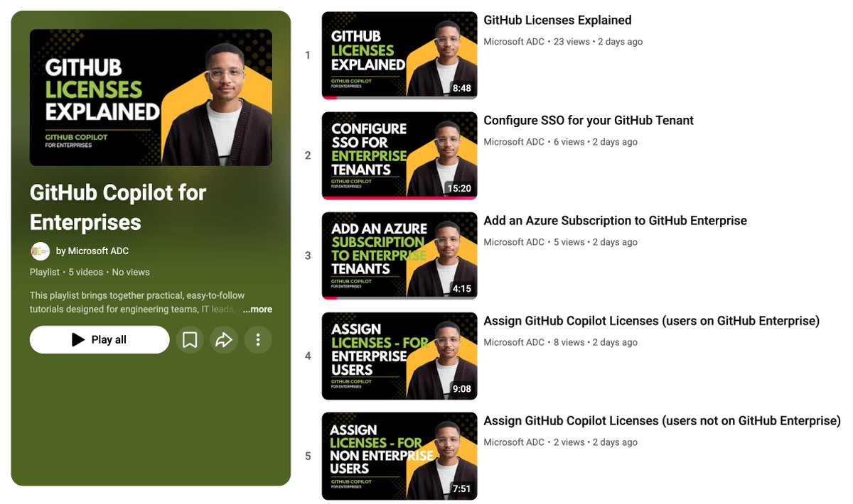 juliamuiruri4's tweet image. This week in the #GitHubCopilotseries we’re dropping a new enterprise-focused track

✳️Assign &amp;amp; manage Copilot licenses across your org
✳️Configure SSO for Enterprise Managed Users
✳️Tighten control with governance policies and rollout best practices

🔗 youtube.com/playlist?list=…