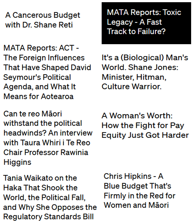 Today <a href="/NZonAir/">NZ On Air / Irirangi Te Motu</a> announced a further $470k of taxpayer funding for the 2026 season of the Mata show on RNZ (after $880k for two previous seasons).
The media release says NZ audiences need 'trusted journalism' in election year.
Here's a sample of the show's previous headlines.🤔