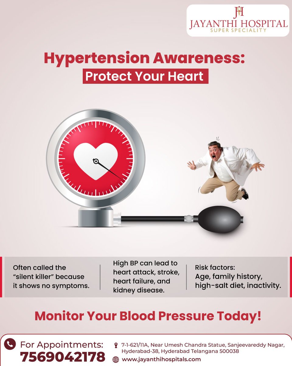 JayanthiHsptls's tweet image. High blood pressure, also known as Hypertension, often develops silently, but its impact can be serious—affecting your heart, kidneys, and overall well-being. Know your risk factors: stress, obesity, high salt intake, smoking, and family history.
#Hypertension #HighBloodPressure
