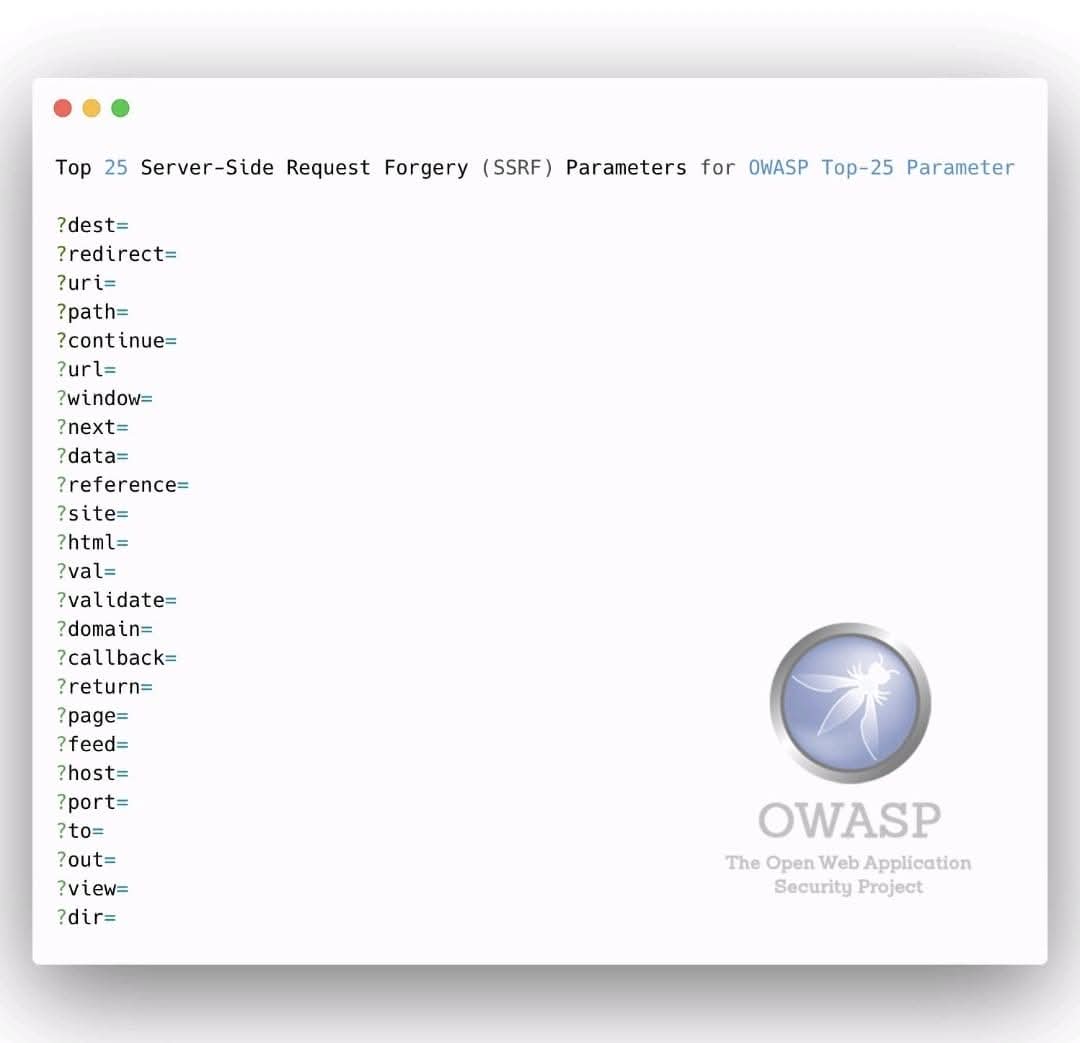 Anastasis_King's tweet image. 🪰 OWASP Top 25 Parameters

A concise overview of the most commonly targeted web parameters identified in security testing and analysis. 

🔖 #OWASP #WebSecurity #AppSec #CyberSecurity #InfoSec #SecureDevelopment