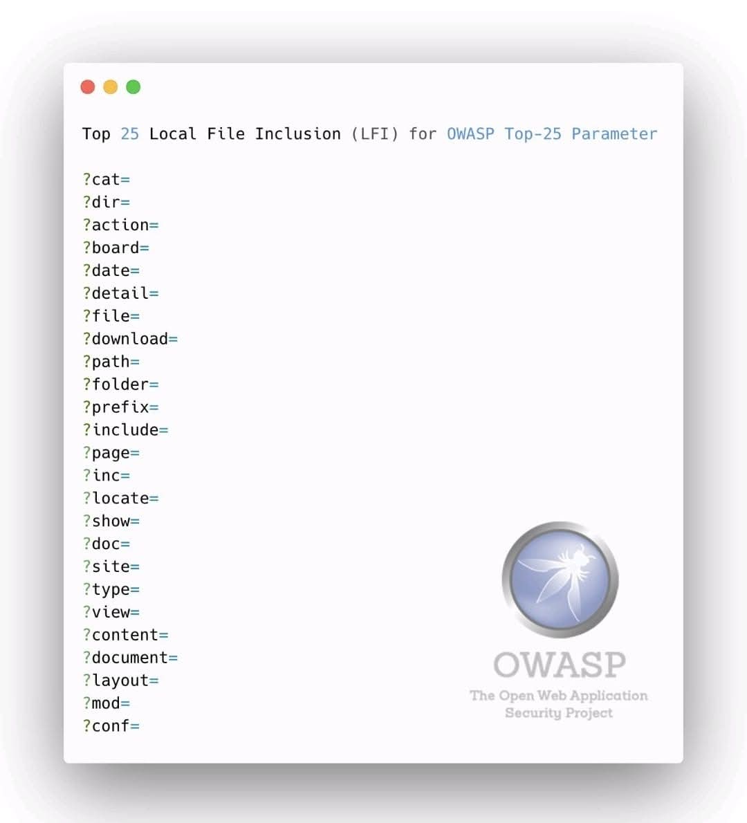 Anastasis_King's tweet image. 🪰 OWASP Top 25 Parameters

A concise overview of the most commonly targeted web parameters identified in security testing and analysis. 

🔖 #OWASP #WebSecurity #AppSec #CyberSecurity #InfoSec #SecureDevelopment