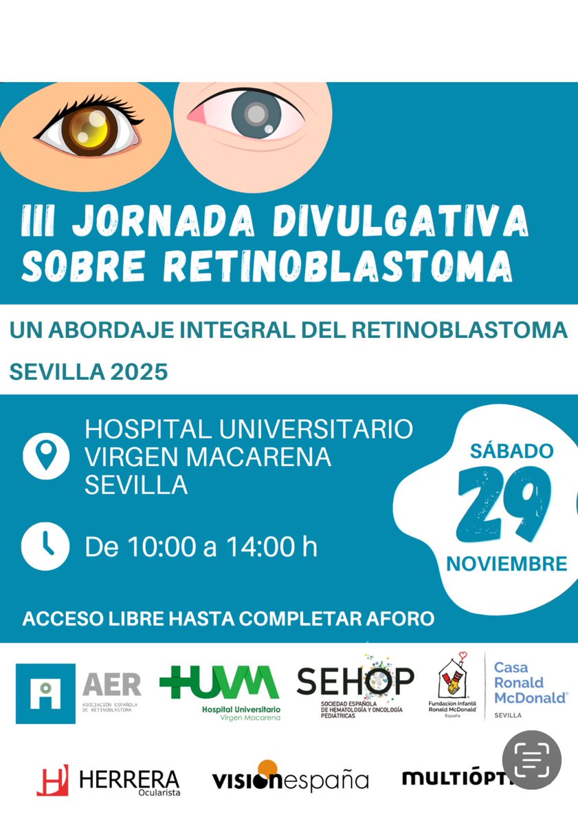 🔎las III JORNADAS DIVULGATIVAS SOBRE RETINOBLASTOMA
En Sevilla el próximo sábado 29 a las 20:00h en <a href="/HUVMacarena/">Hospital Virgen Macarena</a> con el apoyo de <a href="/OftalmoMacarena/">OftalmoMacarena</a> <a href="/CasaRonaldSev/">Casa Ronald McDonald Sevilla</a> <a href="/VisionEspana/">Luchando por una #capacidadvisualplena</a> <a href="/SEHOP2/">SEHOP</a> 
y el gran trabajo y sacrificio de <a href="/anayxona/">Ana Sánchez</a> para que estas jornadas se realicen.