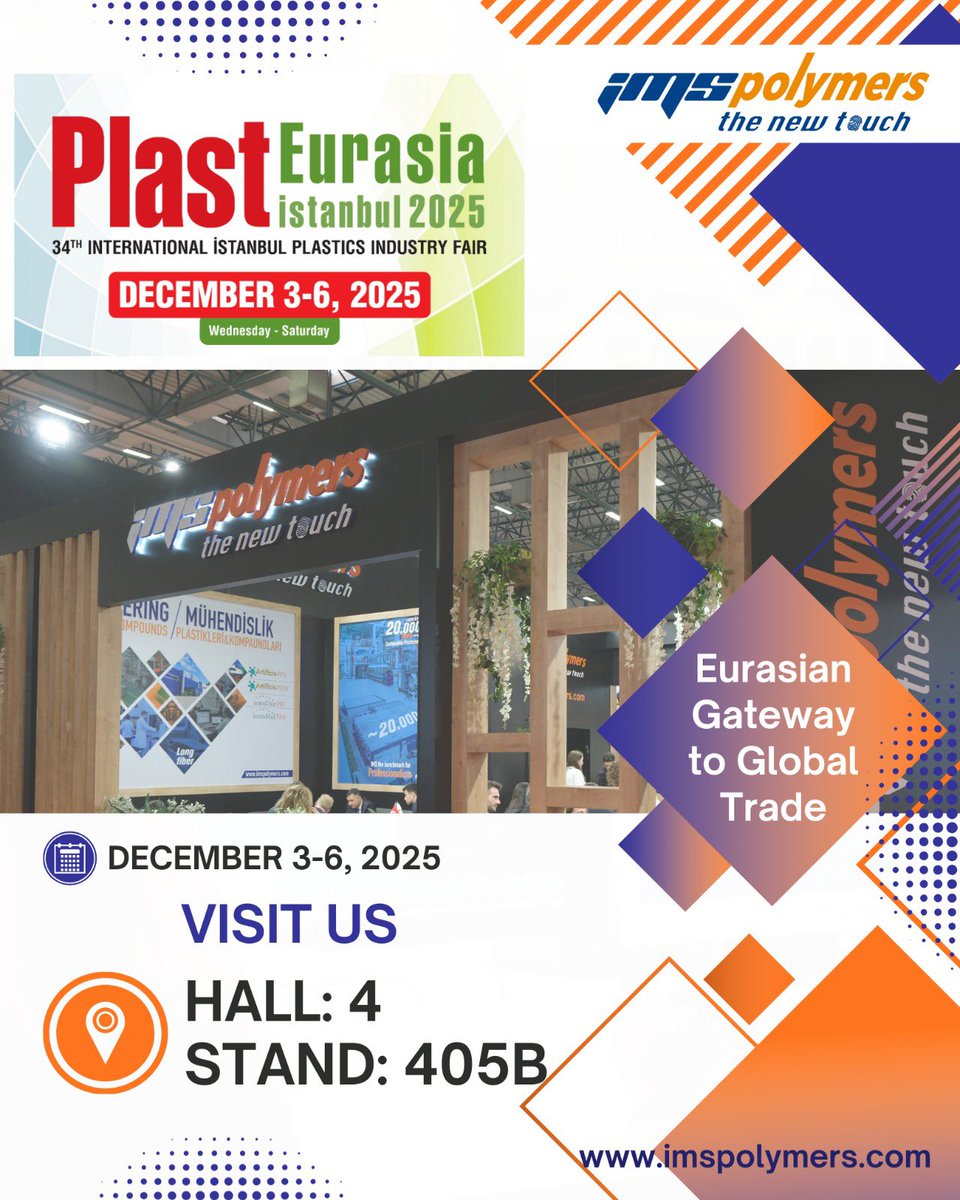 The countdown has begun for Plast Eurasia Istanbul, the premier gathering of the plastics industry.

We are waiting for you at our stand.

IMS Booth No.: 405 B — Hall 4
🗓️ December 3–6, 2025

#meeting #exhibition #istanbul #IMSPolymers #TheNewTouch #RawMaterials #PlasticIndustry