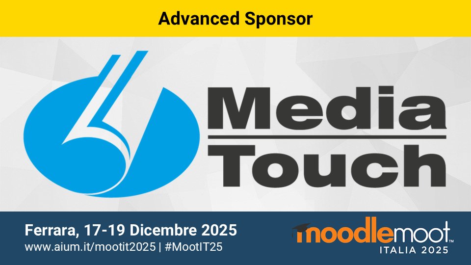 MediaTouch 2000, primo e più longevo Moodle Partner italiano, è un'azienda specializzata nella formazione online.

Anche quest'anno è Advanced Sponsor di #MootIT25, a Ferrara sarà possibile visitare il loro stand e avere una consulenza personalizzata.

eventi.aium.it/event/8/page/3…