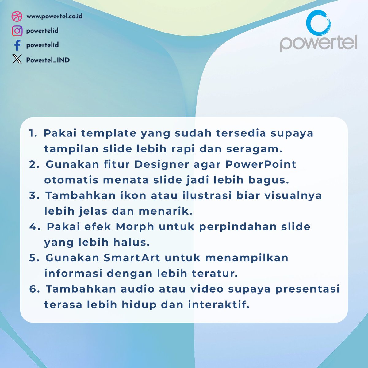 Powertel_IND's tweet image. 6 Fitur Microsoft PowerPoint untuk Bikin Presentasi Lebih Menarik

#PowerPoint #PresentasiMenarik #TipsPowerPoint #DesainSlide #SlideKeren #MicrosoftOffice #BelajarPowerPoint #PresentasiProfesional #TrikPowerPoint #DesainPresentasi #TutorialPowerPoint #FiturPowerPoint #PowertelId