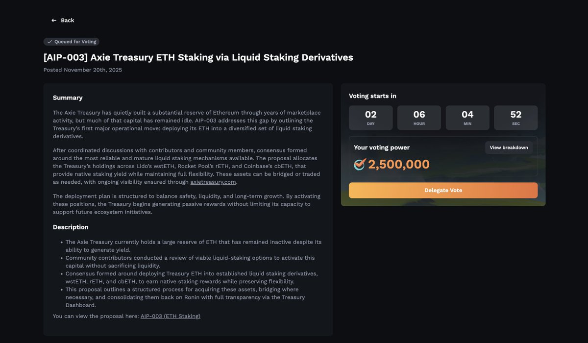 AxieInfinity's tweet image. Voting Power Delegation is LIVE!

With the voting power snapshot taken and the app.axie interface updated, you can now delegate your Voting Power to another Lunacian!

Wondering how to use the Voting Power Delegation?

Check out our support guide for more details 👇

🔗 :…