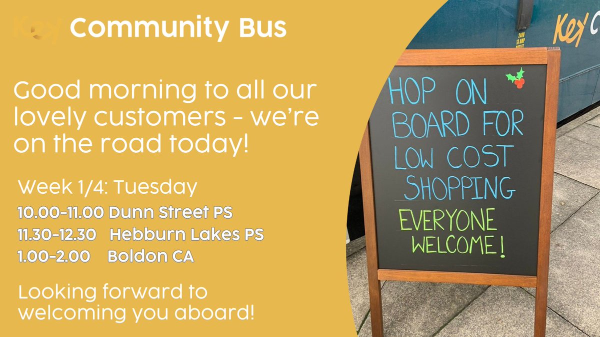 KeyCommunityNE's tweet image. 🚍 Hop Aboard Today!  
Amazing deals on food &amp;amp; household items – everyone welcome!

🚌 We’re trialling an expanded timetable for 4wks from 25 Nov - with 3 stops per day instead of 2! 👉 ow.ly/Ku5V50XpWU5

#keycommunitybus #shoplocal #southtyneside