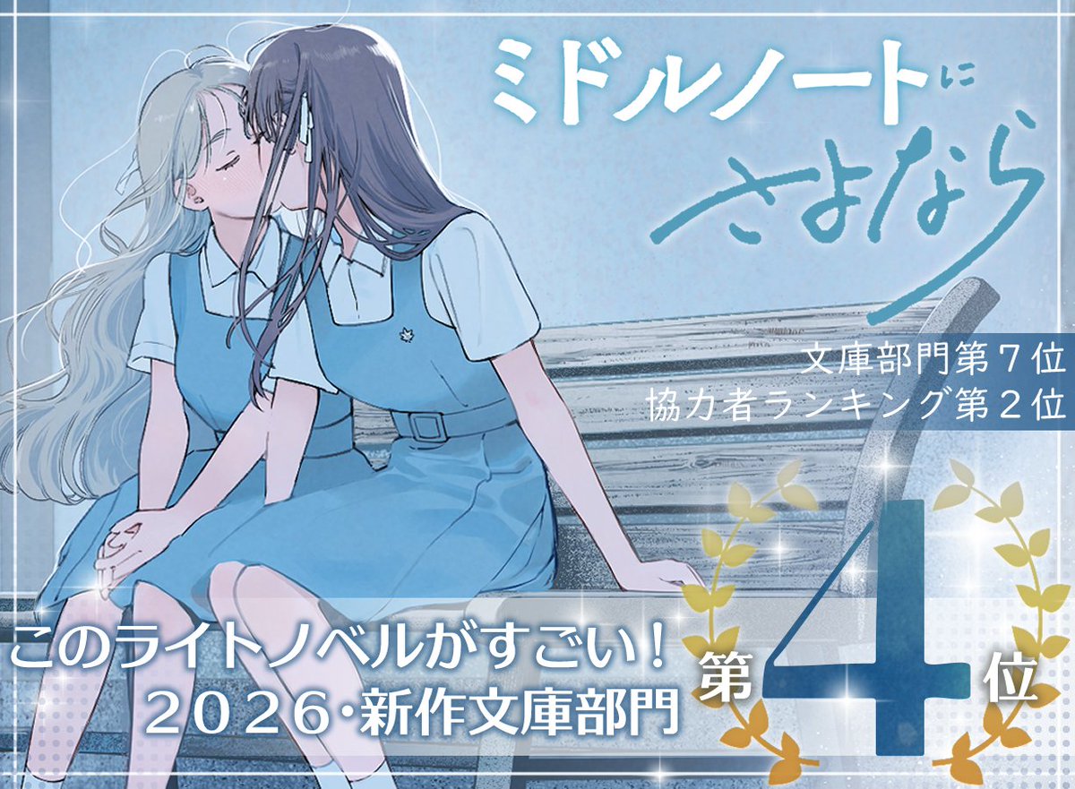 「このライトノベルがすごい！2026」（宝島社刊）
『ミドルノートにさよなら』がランクインしました！

🏅新作文庫部門・第４位🏅

協力者ランキングでは第２位でした！
面白いと感じていただけるものが書けたんだなぁと感無量です。