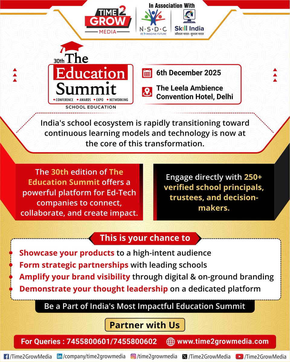 Time2GrowMedia's tweet image. The landmark 30th edition of &apos;#TheEducationSummit&apos; in #NewDelhi provides a powerful platform for #EdTech companies to connect and collaborate with 𝟮𝟱𝟬+ School Principals, Trustees, and Decision-makers.

In Association With @NSDCIndia | @MSDESkillIndia 

#Time2GrowMedia