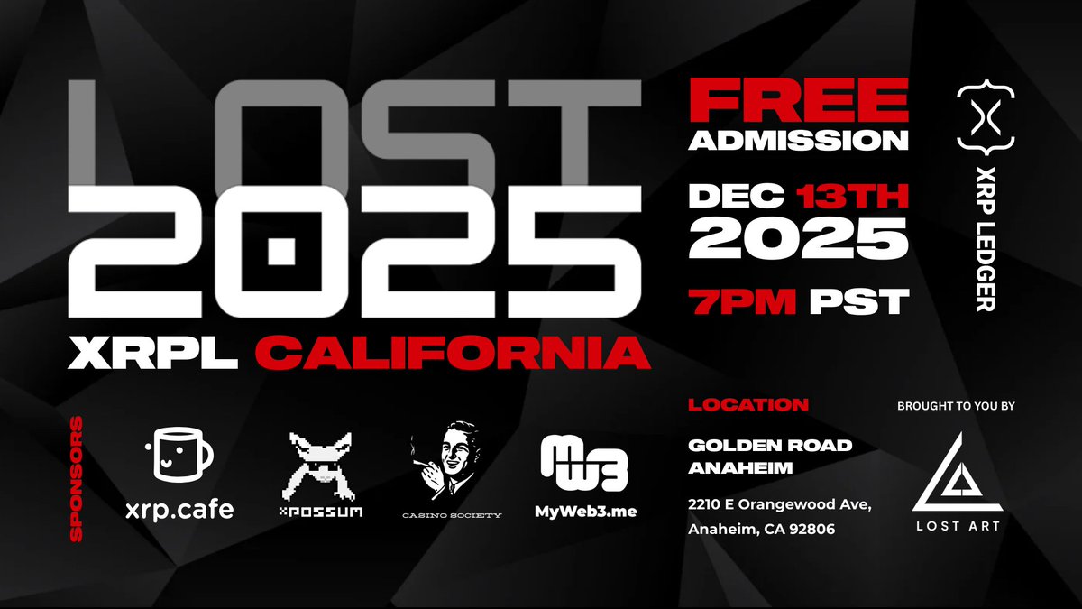 OCLostArt's tweet image. Our 4th annual Southern California XRPL &amp;amp; blockchain meetup is back‼️ Whether you&apos;re deep in the XRP Ledger ecosystem, just getting started with Web3, or simply curious about where blockchain is headed, come hang out with builders, enthusiasts, creators, and friends at Golden…