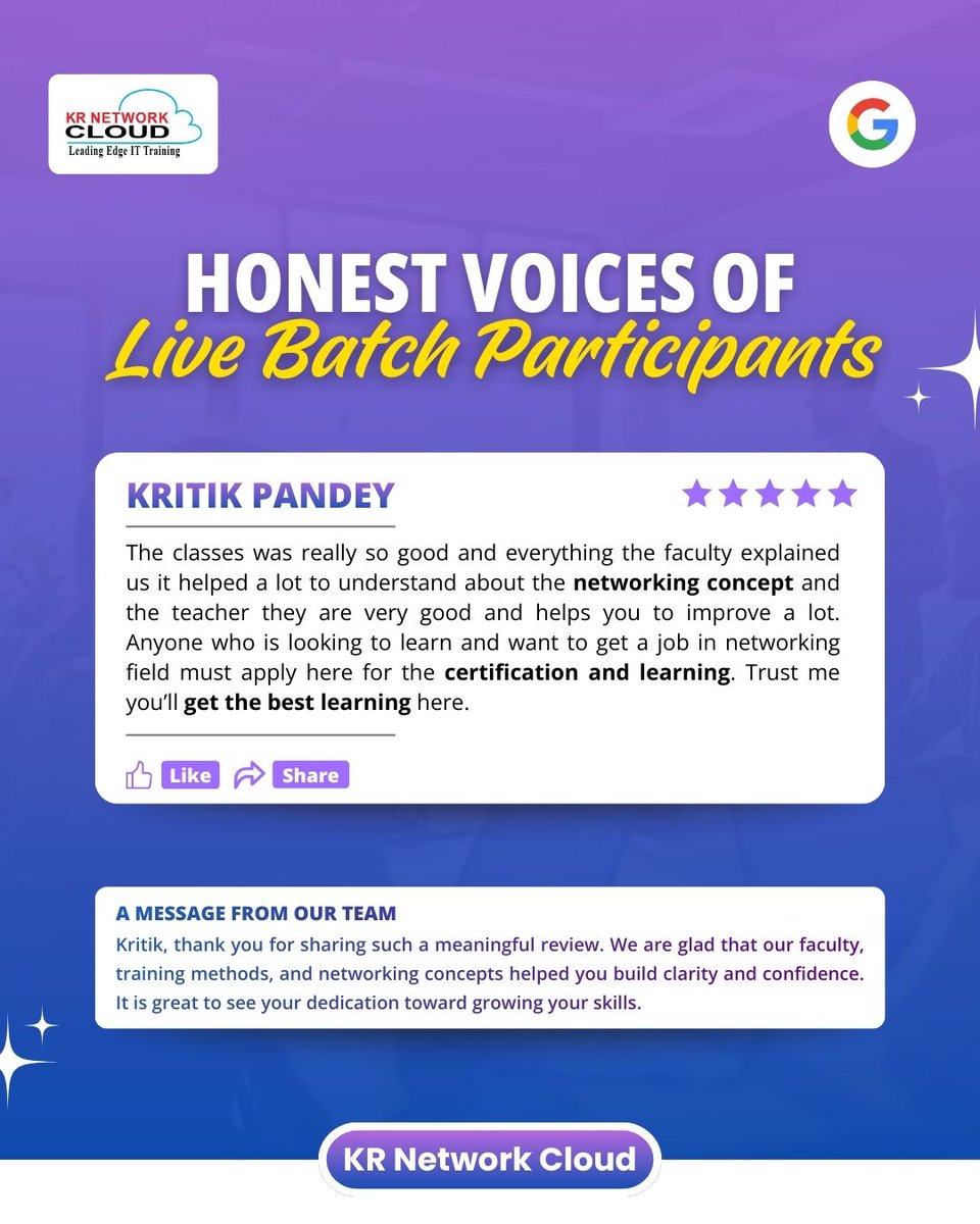 KRNetworkCloud1's tweet image. BUILDING STRONG NETWORKING FUNDAMENTALS FOR A CAREER START

Kritik Pandey’s feedback truly reflects the impact of guided learning and clear concept building in networking.
#krnetworkcloud #studentfeedback #networkingtraining #ccna #itcareers #techskills #upskill #learnnetworking