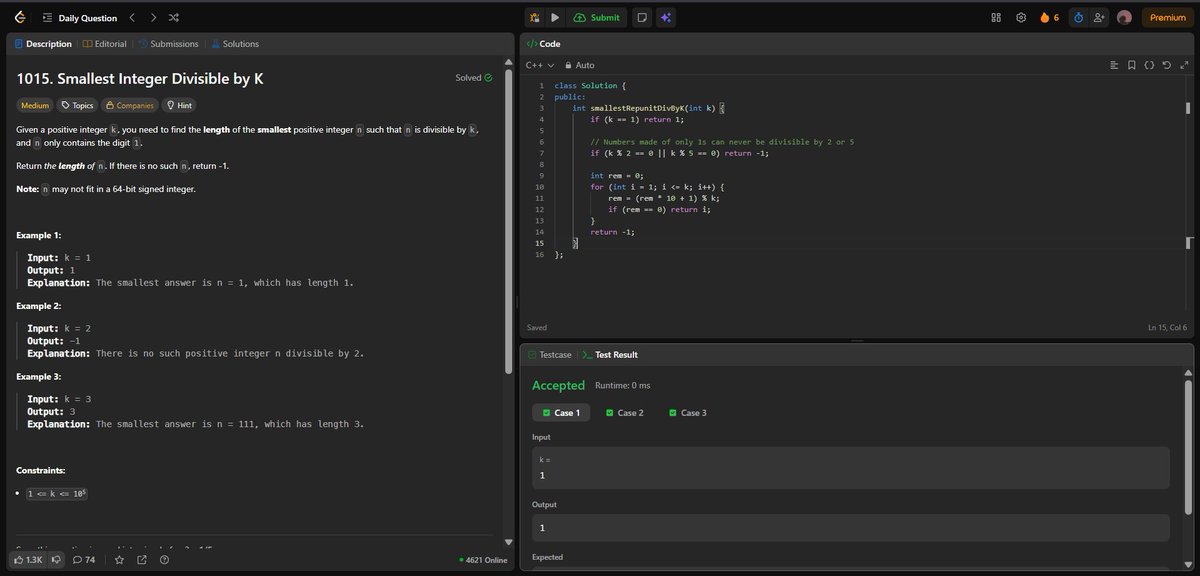 Anurags44798025's tweet image. Day 108 of #365DaysOfCode
Solved LeetCode 1015, Smallest Integer Divisible by K.
You work with remainders, not full numbers.
Key steps:
• Skip k divisible by 2 or 5
• Build the number using rolling modulo
• Track length until remainder hits zero