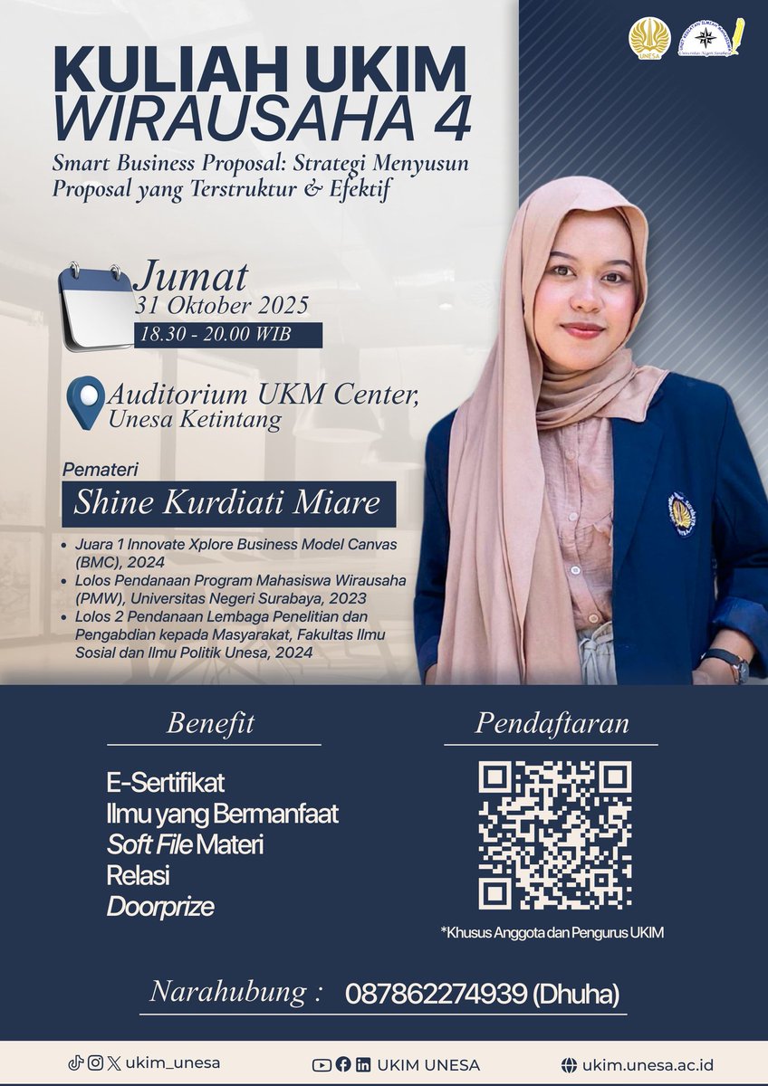 unesa_ukim's tweet photo. 𝐔𝐍𝐈𝐓 𝐊𝐄𝐆𝐈𝐀𝐓𝐀𝐍 𝐈𝐋𝐌𝐈𝐀𝐇 𝐌𝐀𝐇𝐀𝐒𝐈𝐒𝐖𝐀 𝐔𝐍𝐄𝐒𝐀 
✨𝑷𝒓𝒐𝒖𝒅𝒍𝒚 𝑷𝒓𝒆𝒔𝒆𝒏𝒕𝒔✨

𝐒𝐚𝐥𝐚𝐦 𝐈𝐥𝐦𝐢𝐚𝐡 !
𝐔𝐊𝐈𝐌 𝐉𝐀𝐘𝐀 !!! 🔥

Kuliah UKIM Wirausaha Part 4
Dengan Tema “Smart Business Proposal: Strategi Menyusun Proposal yang Terstruktur &amp; Efektif” https://t.co/JvaLPjo3h5