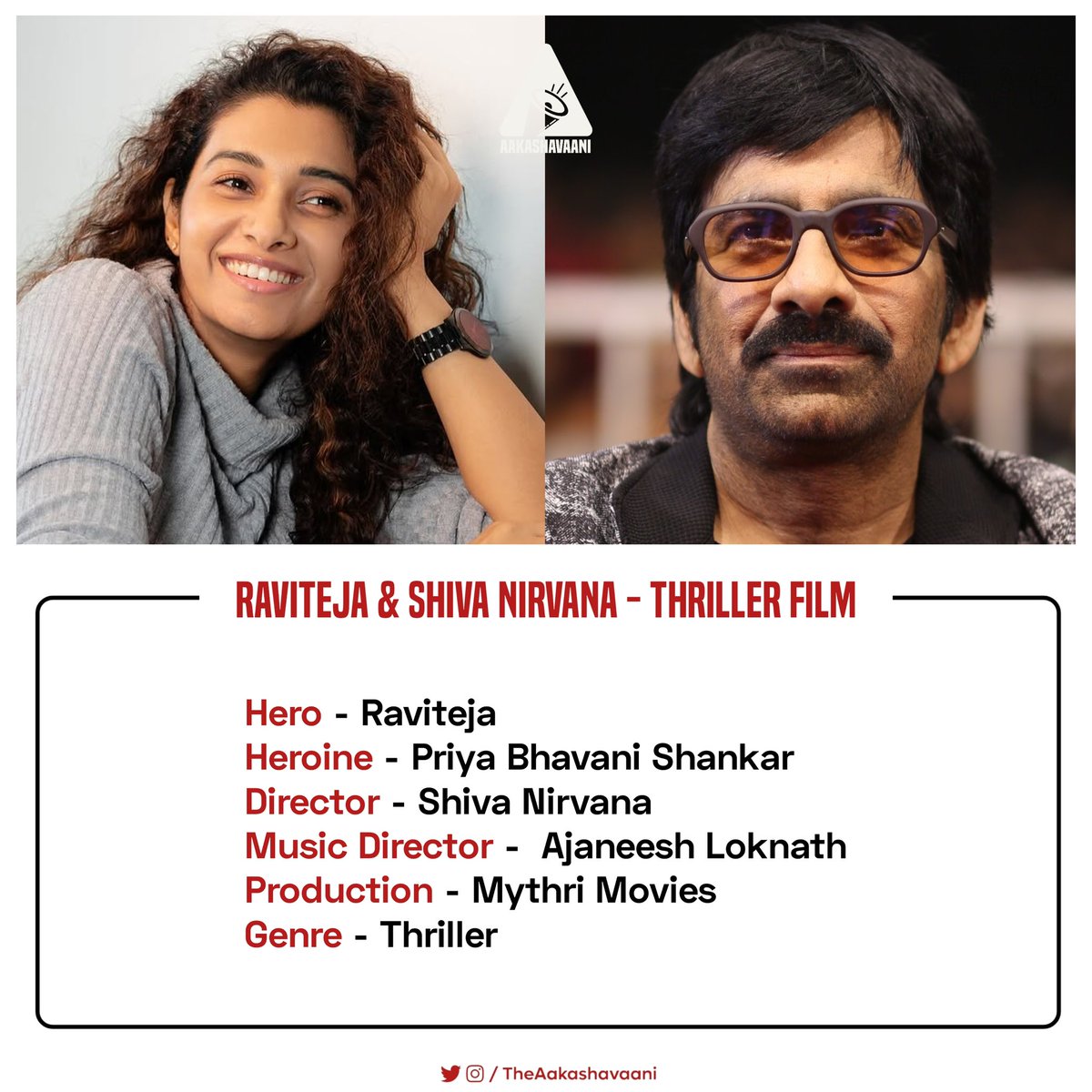 TheAakashavaani's tweet image. Raviteja, Priya Bhavani Shankar &amp;amp; Shiva Nirvana’s thriller film, shoot commenced.